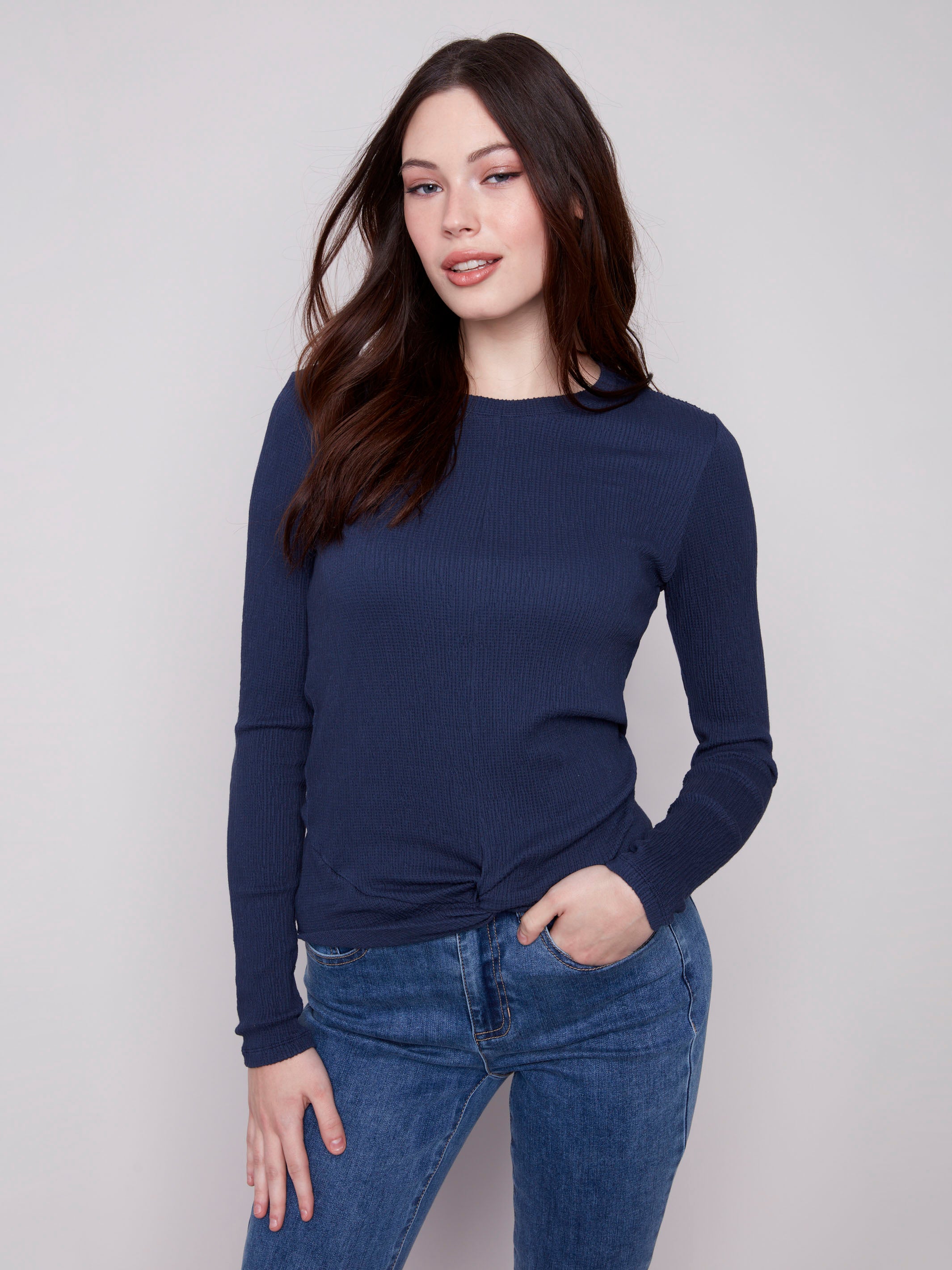 Moonlight long sleeve textured knit top with a front knot by Charlie B.