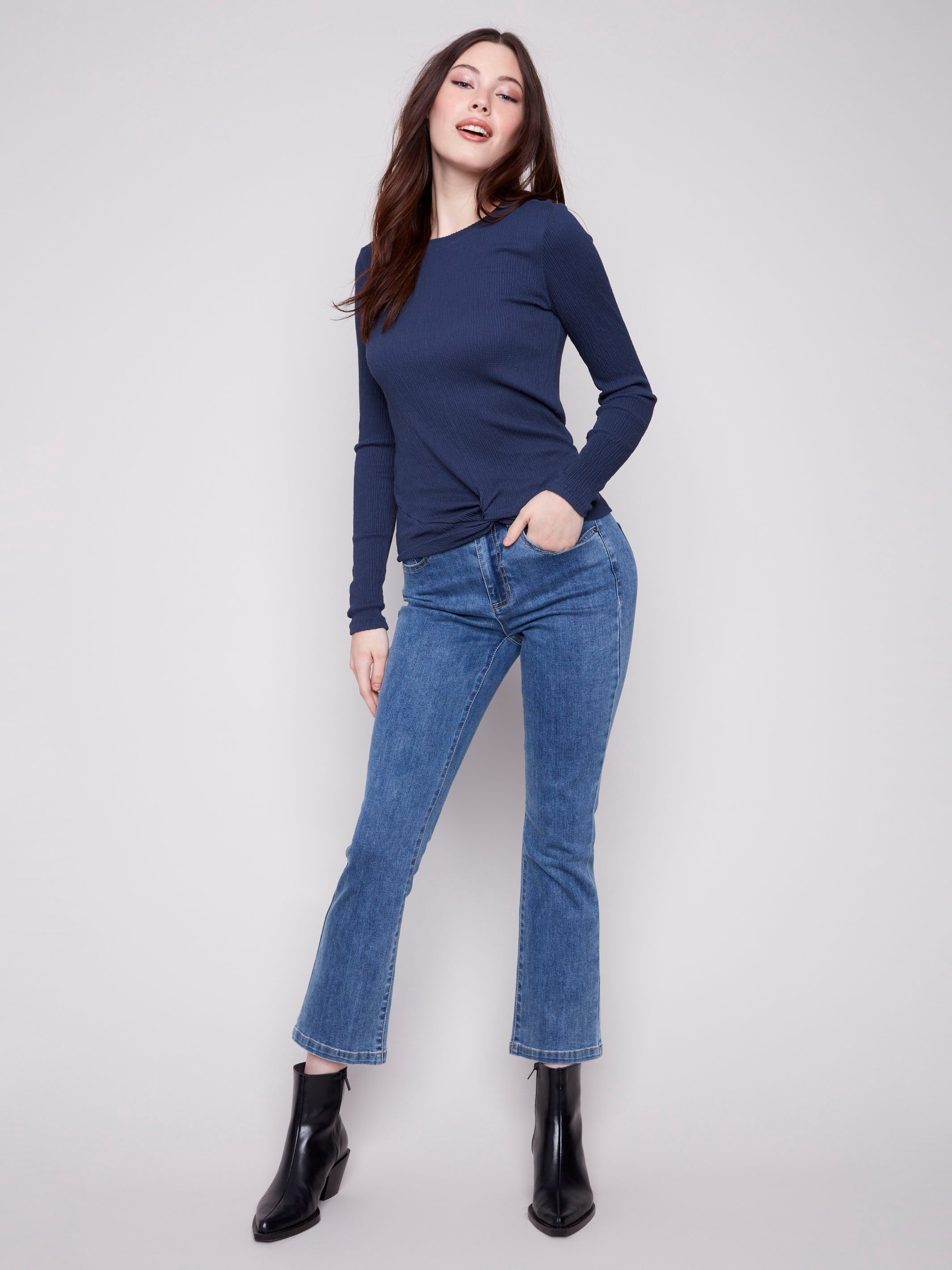 Moonlight long sleeve textured knit top with a front knot by Charlie B.