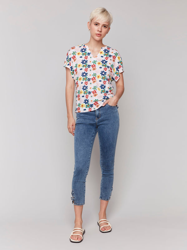 Linen blend fabric top with unique floral design by Charlie B.