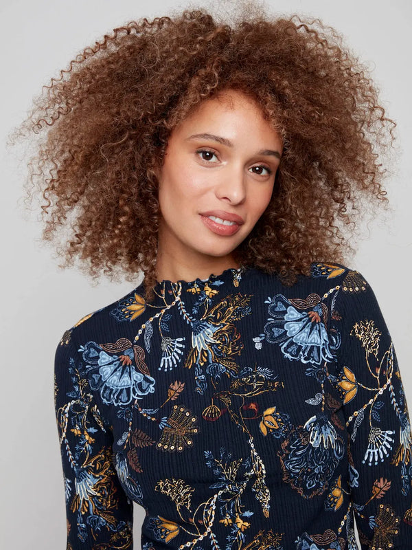 Printed Ruffle Mock Neck Top - Rio