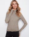 Soft stretch fabric enhances this plaid print top in coffee color by Charlie B.