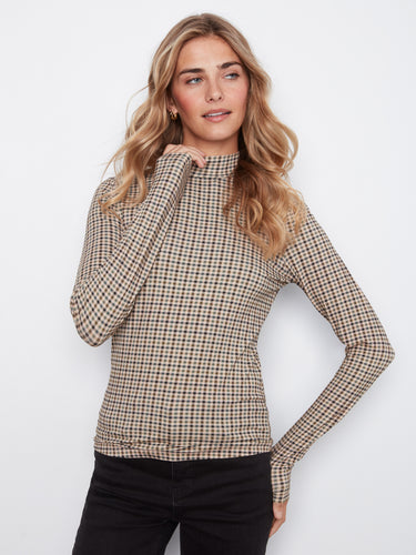 Soft stretch fabric enhances this plaid print top in coffee color by Charlie B.