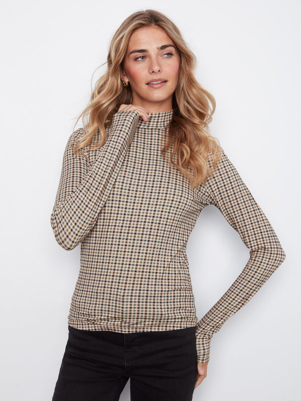 Plaid Print Mock Neck Top - Coffee