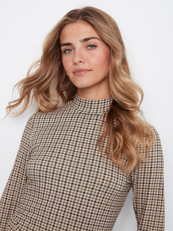 Plaid Print Mock Neck Top - Coffee