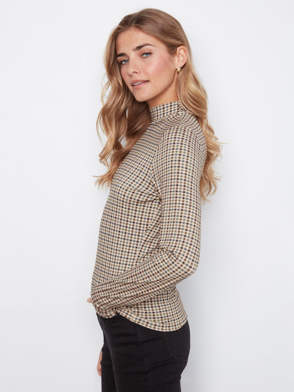 Plaid Print Mock Neck Top - Coffee