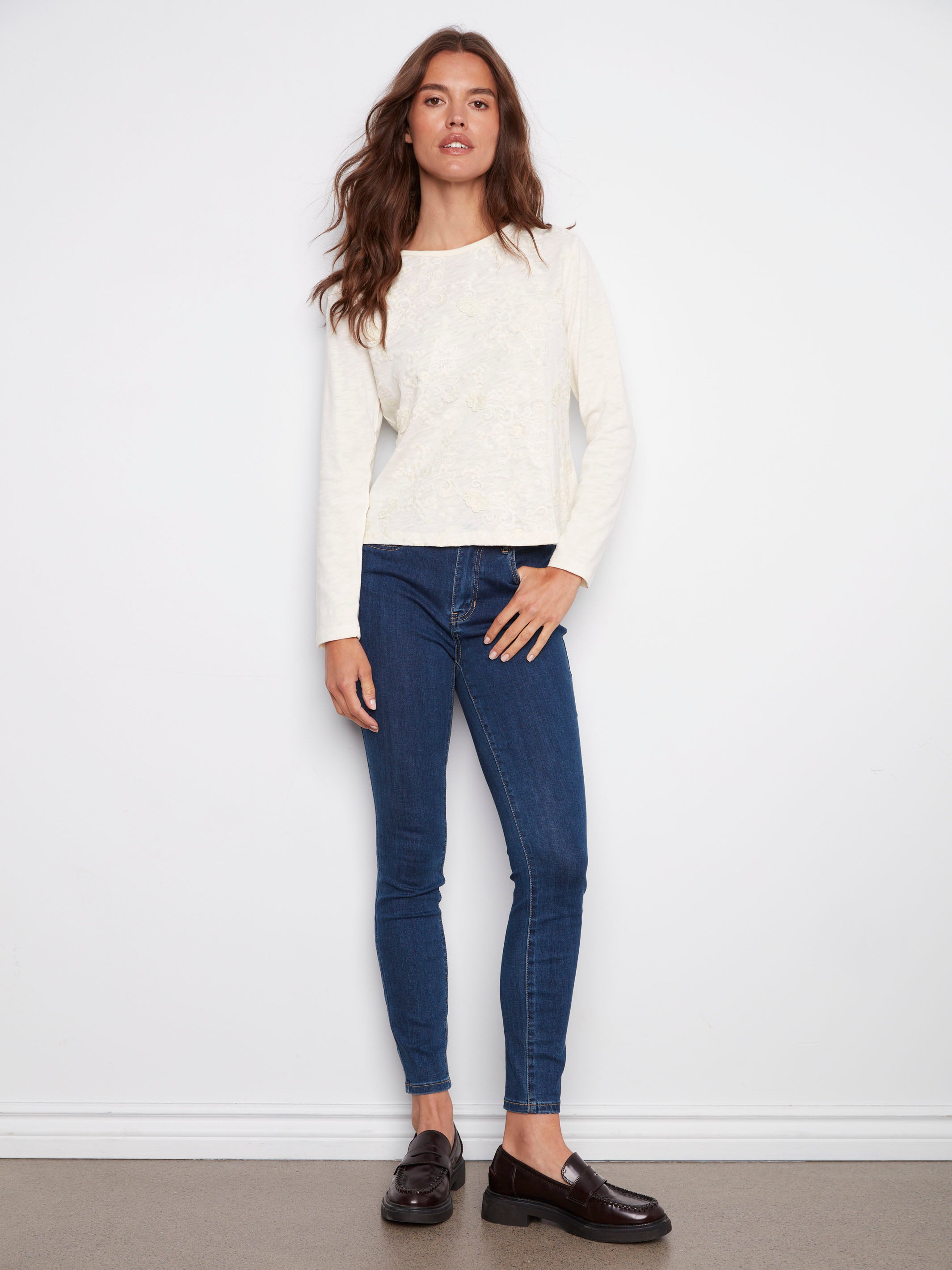 Cotton jersey top in ecru with intricate floral embroidery, ideal for a stylish yet comfortable look by Charlie B.