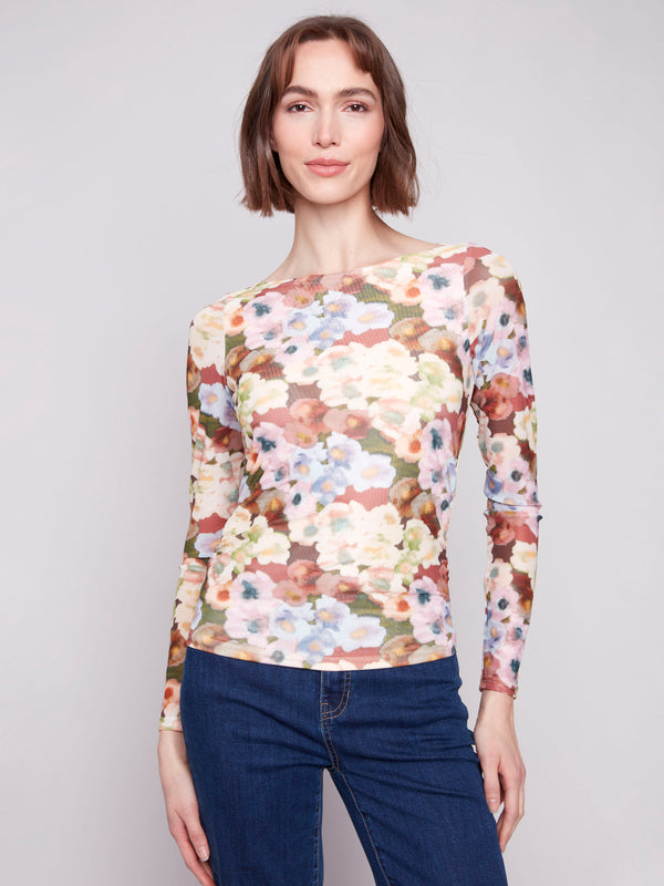 Floral mesh top with slim fit, featuring a lined front and back for added comfort by Charlie B.