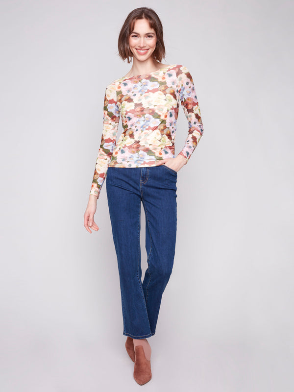 Chic botanical print top with a flattering boatneck design, ideal for any occasion by Charlie B.