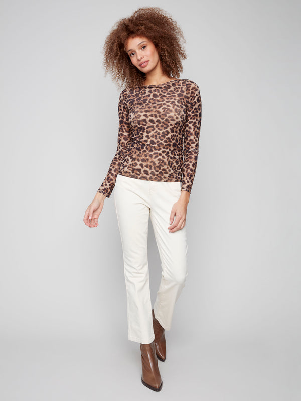 Stylish leopard print top with boatneck and lined front, adding elegance to your wardrobe by Charlie B.