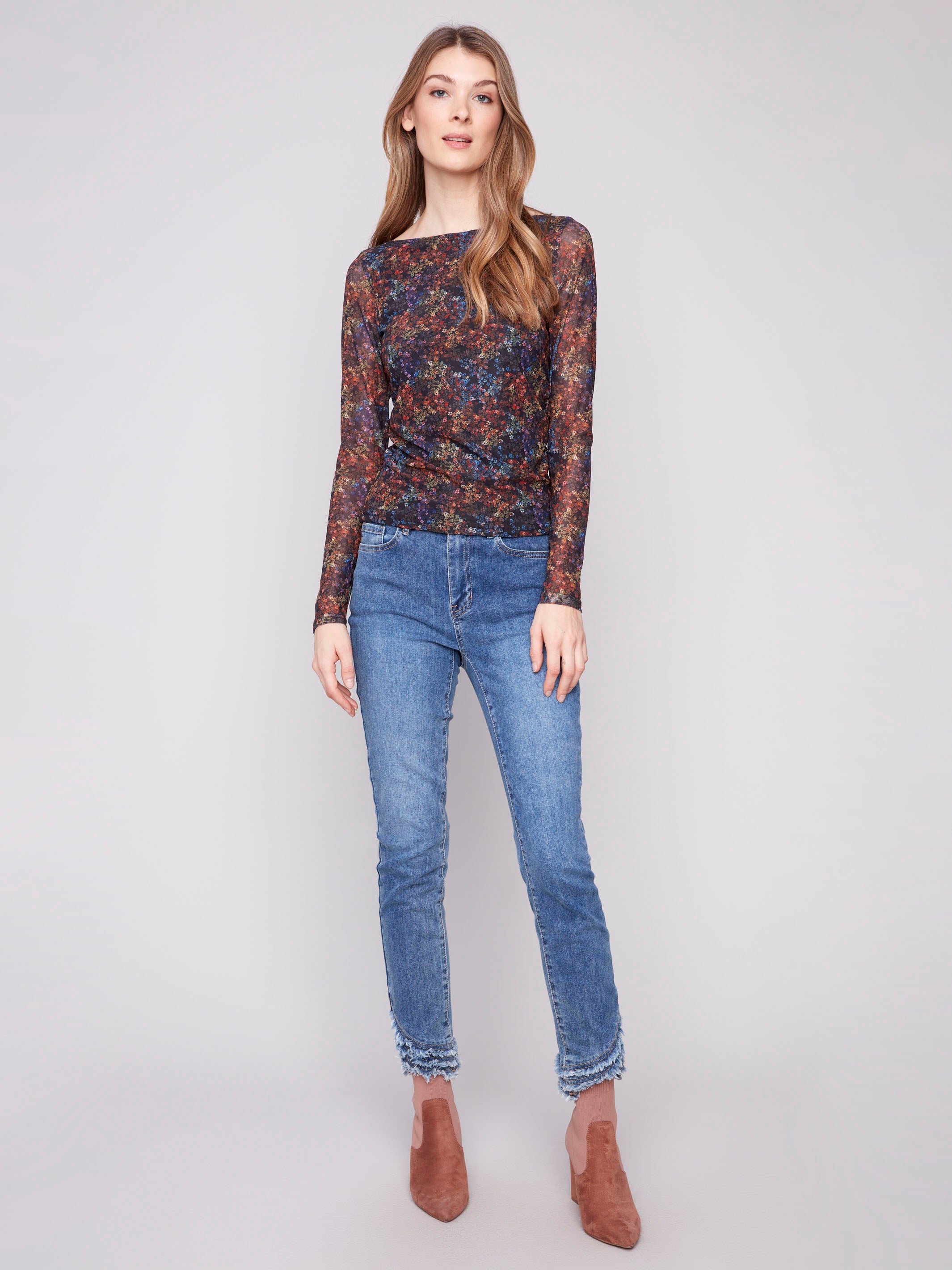 Boatneck floral mesh top in vibrant hues, offering a chic style by Charlie B.