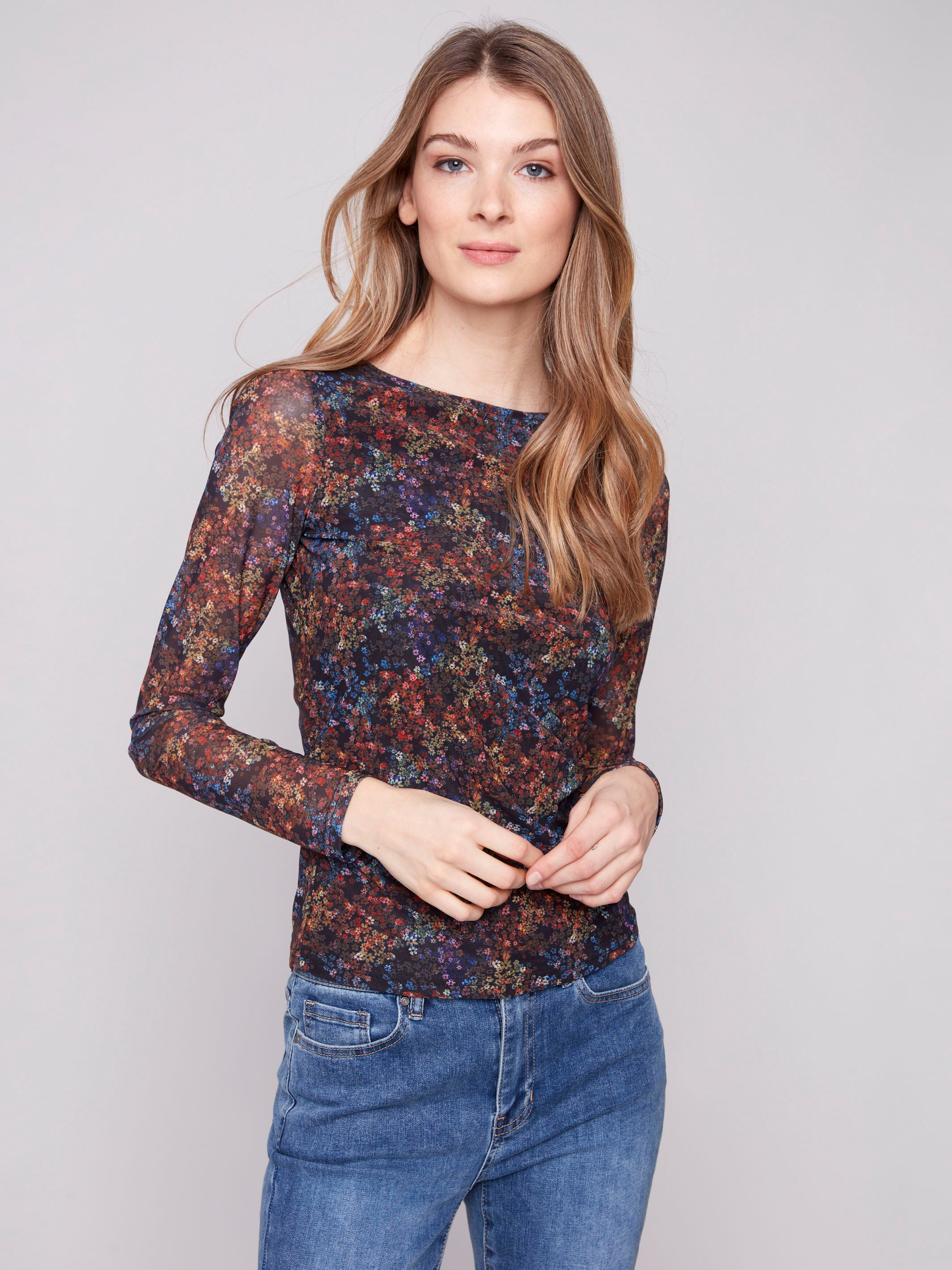 Mesh top featuring ruching at the sides for a flattering silhouette by Charlie B.