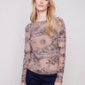 Astrology printed mesh top with a slim fit and long sleeves, showcasing intricate celestial designs by Charlie B.