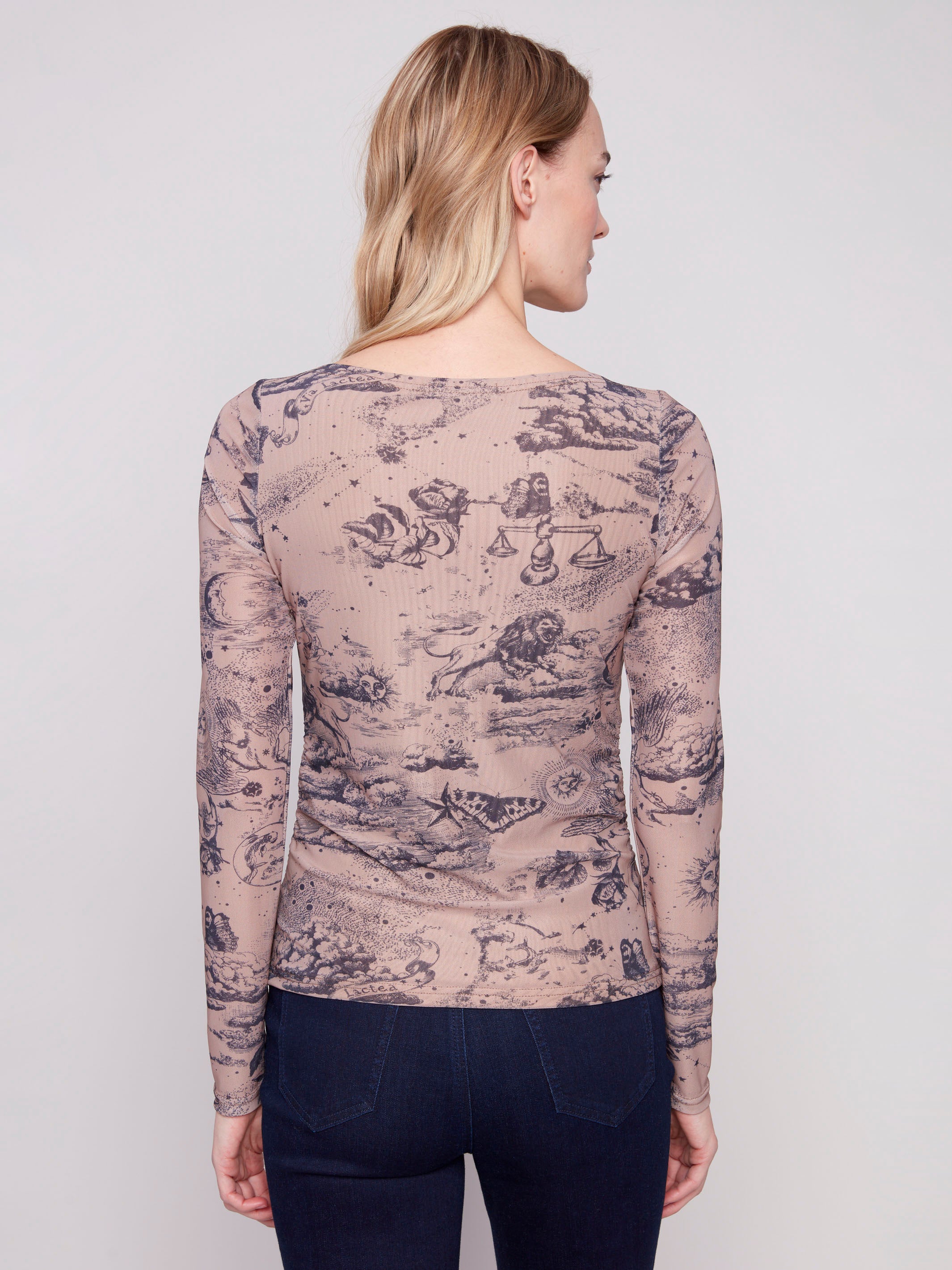 Celestial printed mesh top with stylish ruching at the sides, enhancing its elegant appeal by Charlie B.