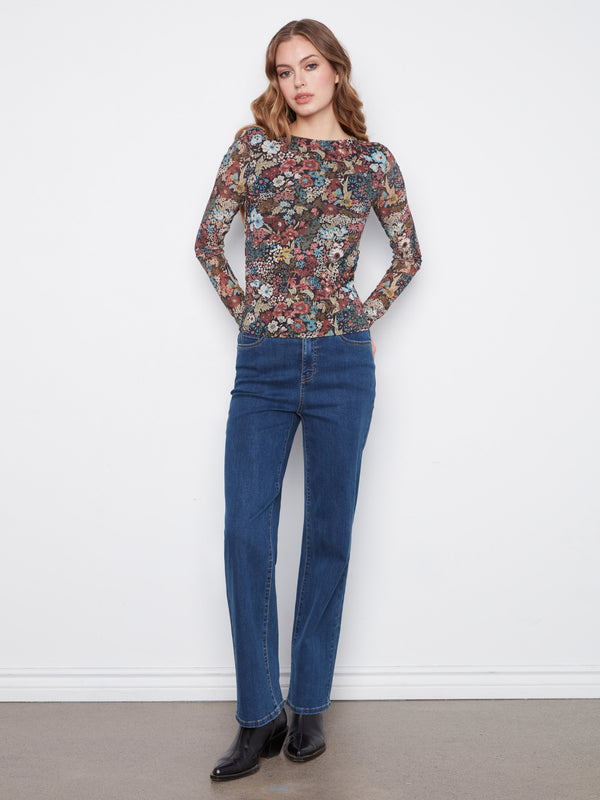 Printed Mesh Boat Neck Top - Azalea