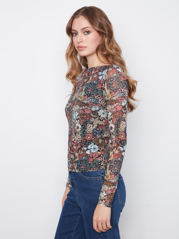 Printed Mesh Boat Neck Top - Azalea