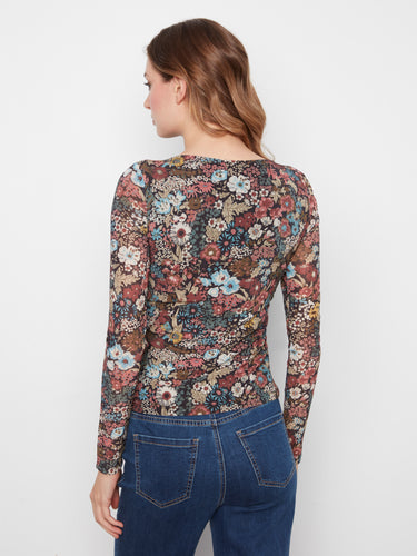 Charming long sleeve floral pattern blouse with body lining offers an elegant look while ensuring all-day comfort by Charlie B.