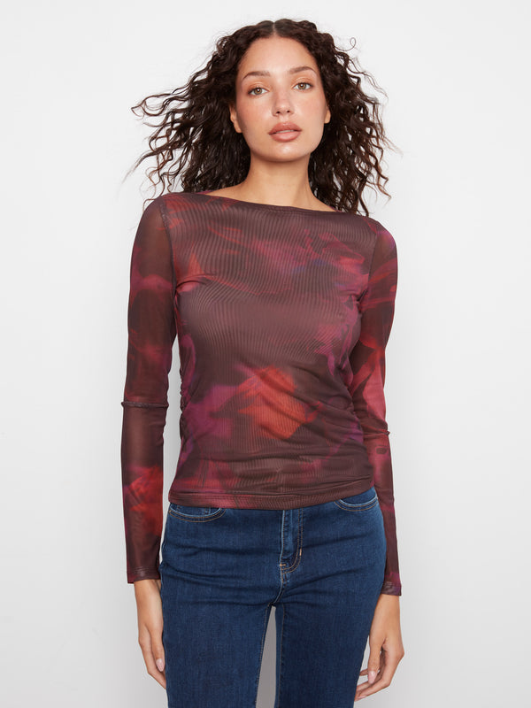 Printed Mesh Boat Neck Top - Roses
