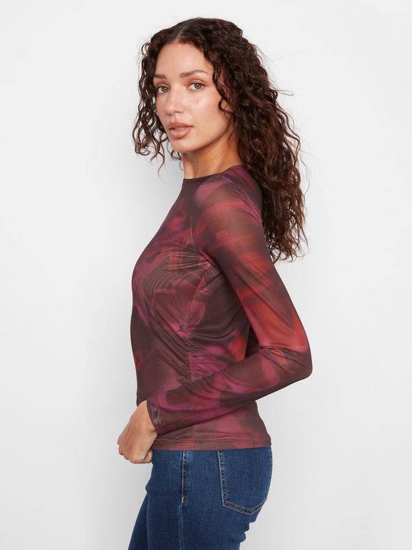Printed Mesh Boat Neck Top - Roses