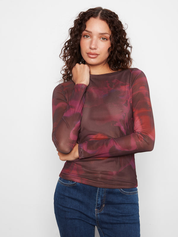 Printed Mesh Boat Neck Top - Roses
