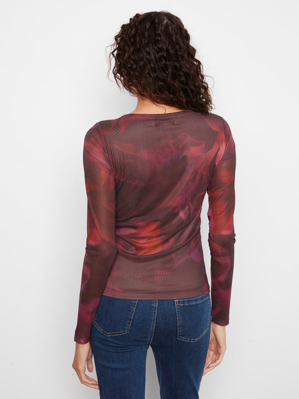 Printed Mesh Boat Neck Top - Roses