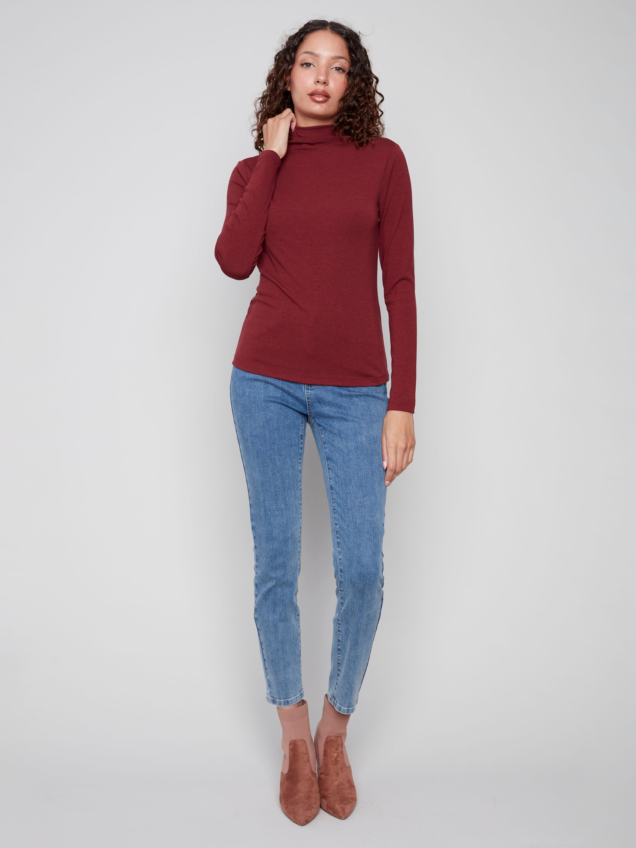 Mock neck cabernet top in a fine ribbed texture, ideal for any occasion by Charlie B.