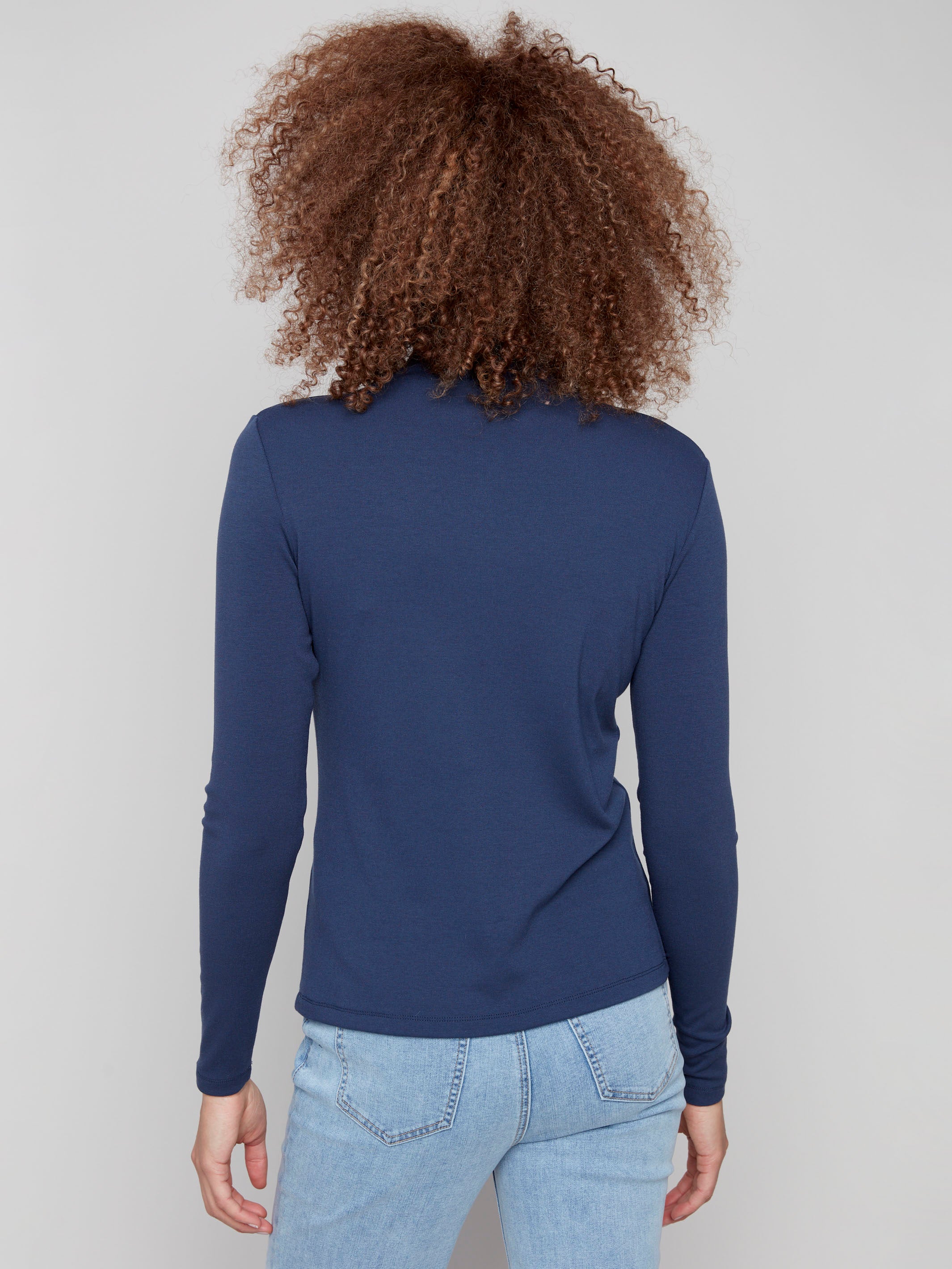 Sophisticated moonlight blue top with a stylish mock neck and comfortable long sleeves by Charlie B.