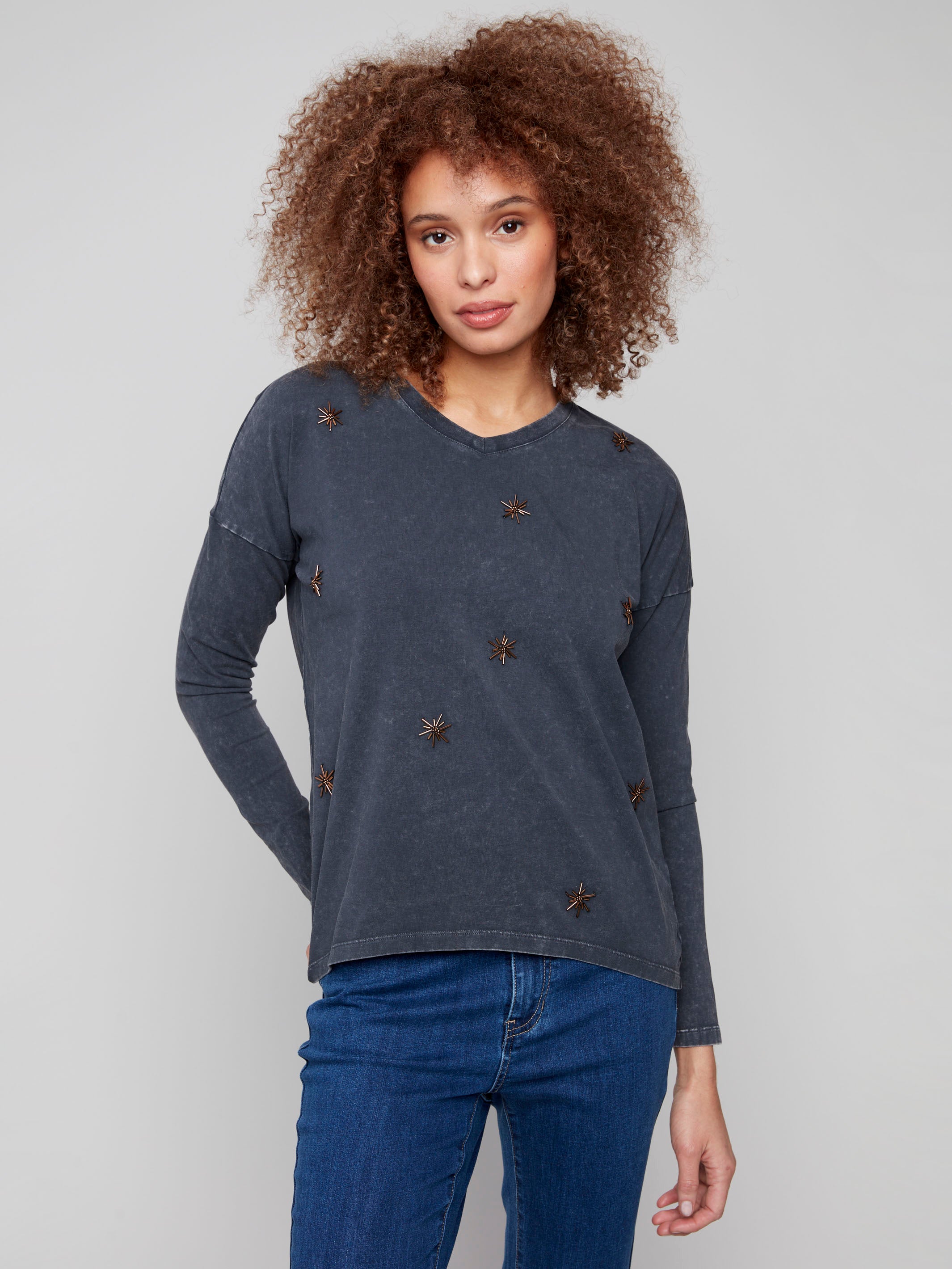 Charcoal top featuring a relaxed fit with intricate beaded accents and long dolman sleeves, perfect for casual outings by Charlie B.