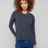Charcoal top featuring a relaxed fit with intricate beaded accents and long dolman sleeves, perfect for casual outings by Charlie B.