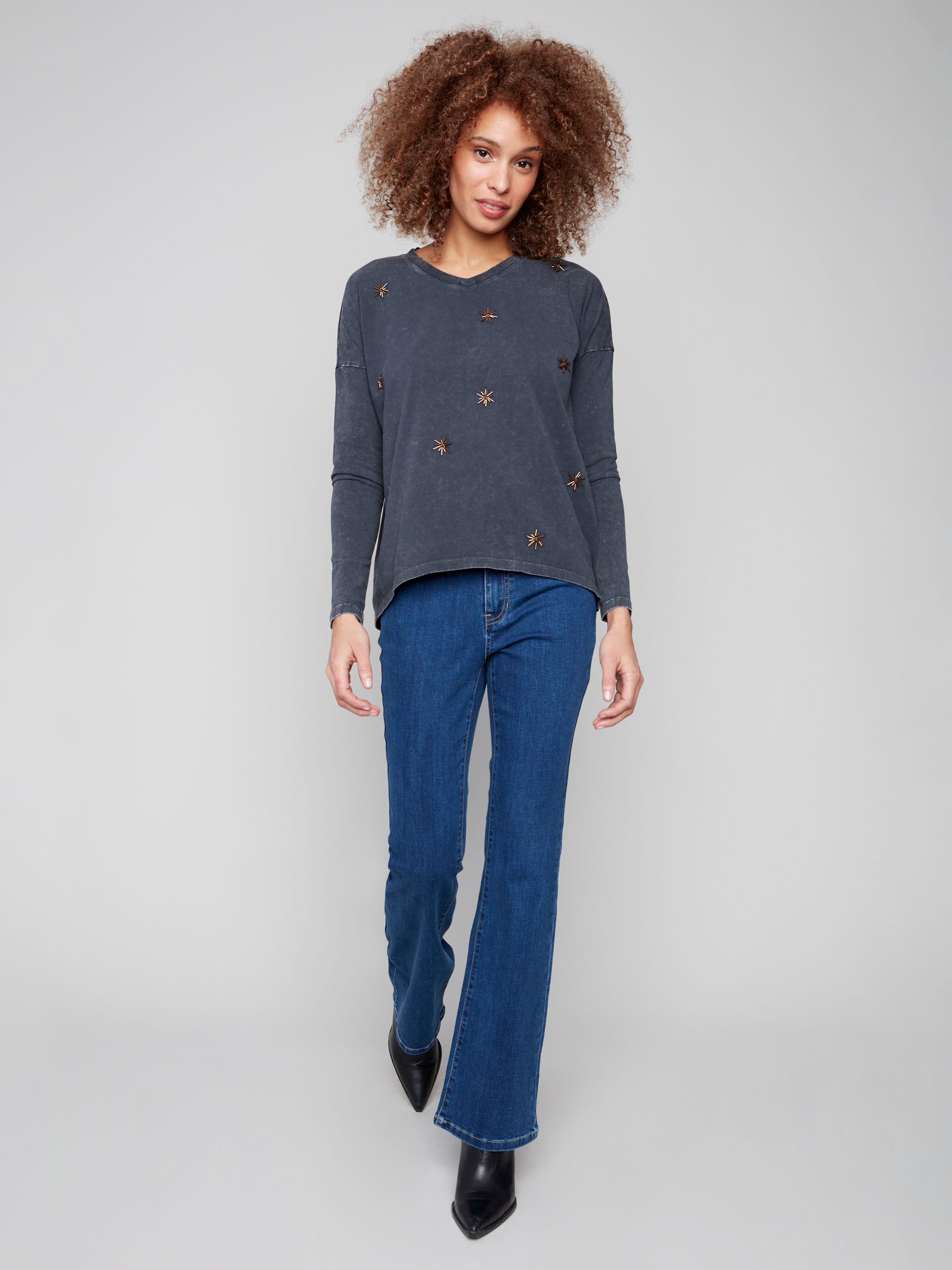 Stylish charcoal V-neck top with vintage-wash fabric and long sleeves, offering a chic and comfortable look by Charlie B.