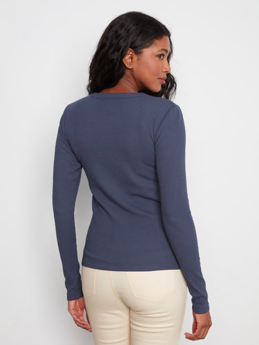 Midnight blue long sleeve top with ribbed design, made from stretch cotton-tencel for ease of movement by Charlie B.