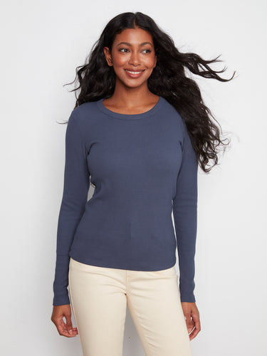 Crew neck long sleeve top in midnight blue with a soft ribbed finish and slim silhouette by Charlie B.