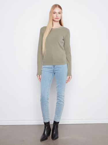 Olive long sleeve top with ribbed texture, perfect for layering in cooler weather by Charlie B.