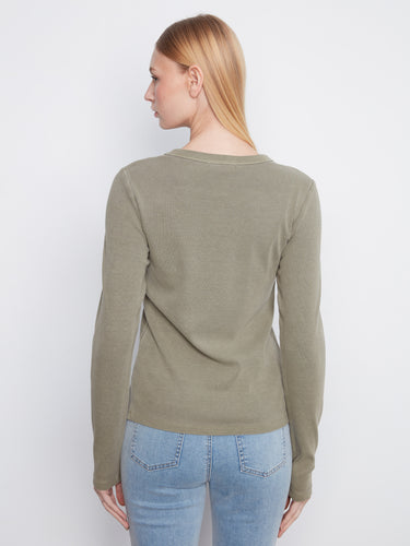 Back view of olive top highlighting its ribbed texture and comfortable long sleeves by Charlie B.