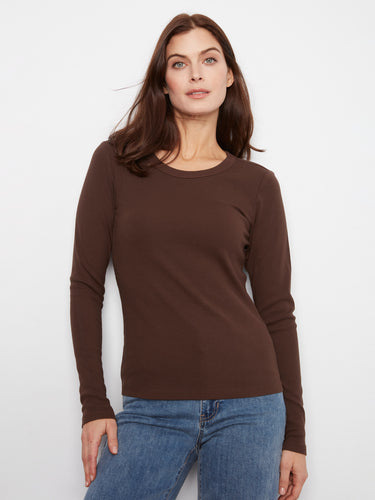 Brown top with a classic crew neckline, crafted from a stretch cotton-tencel blend for comfort and style by Charlie B.