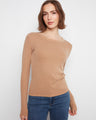 Beige top featuring a classic crew neckline, crafted from a stretch cotton-tencel blend for comfort and style by Charlie B.