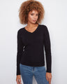 Black ribbed V-neck top with long sleeves, crafted in a stretch cotton-tencel blend for comfort and style, by Charlie B.