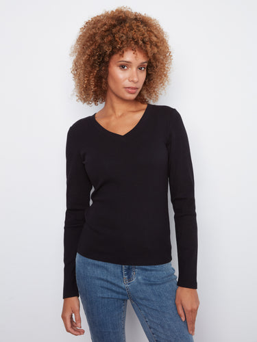 Black ribbed V-neck top with long sleeves, crafted in a stretch cotton-tencel blend for comfort and style, by Charlie B.