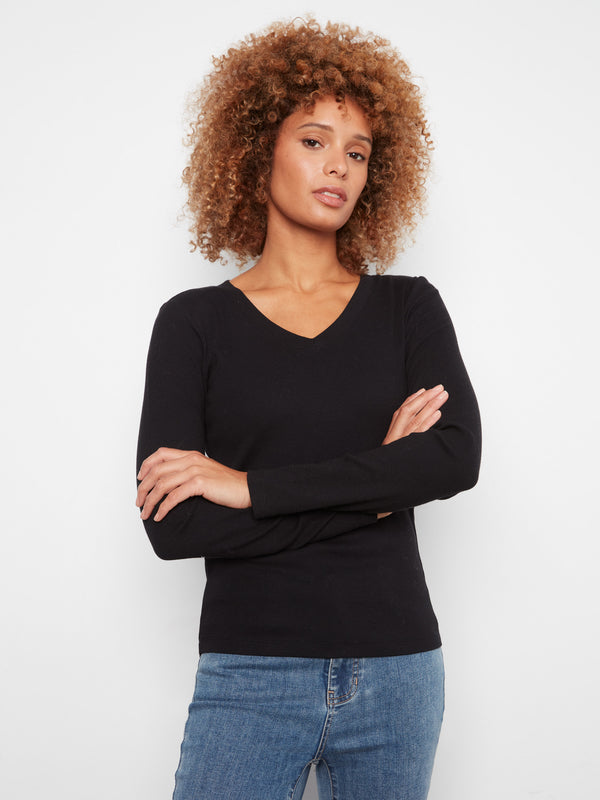 Cotton Blend Ribbed Long Sleeve V-Neck Top - Black