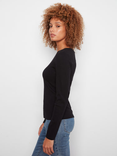 Elegant black V-neck top made from a soft ribbed fabric, offering both style and flexibility, by Charlie B.