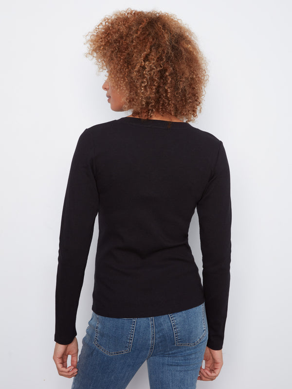 Cotton Blend Ribbed Long Sleeve V-Neck Top - Black