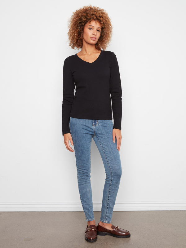 Cotton Blend Ribbed Long Sleeve V-Neck Top - Black
