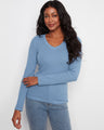 Blue top featuring a flattering V neckline, crafted from a stretch cotton-tencel blend for added comfort and style by Charlie B.