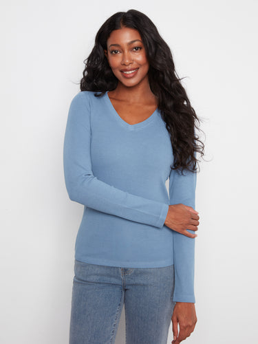 Comfortable blue stretch cotton-tencel blend top, ideal for casual outings while maintaining an elegant look by Charlie B.
