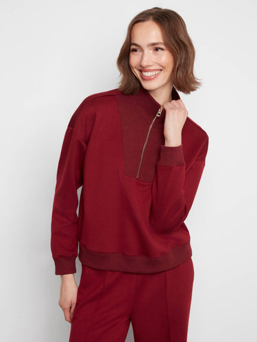 Merlot sweatshirt in soft scuba fabric with ribbed cuffs, featuring a half-zip for versatile style by Charlie B.