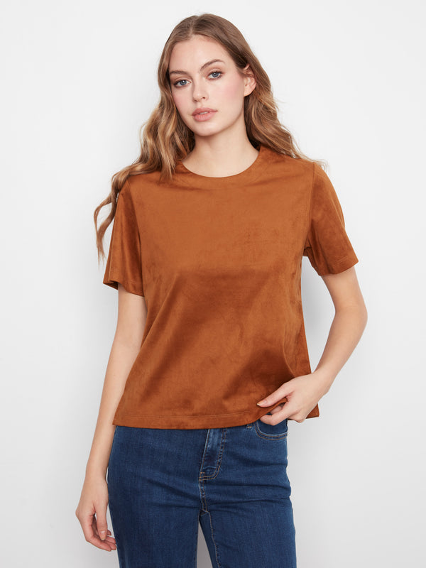 Faux Suede Short Sleeve Top - Toffee