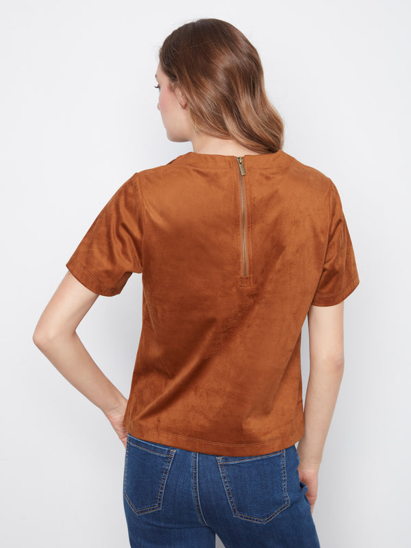 Faux Suede Short Sleeve Top - Toffee