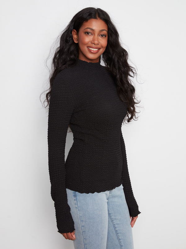 Bubble Knit Mock Neck Top - Black