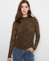 Dark olive lace top with a mock neck, long sleeves, and slim fit silhouette. The flocked lace adds elegance by Charlie B.