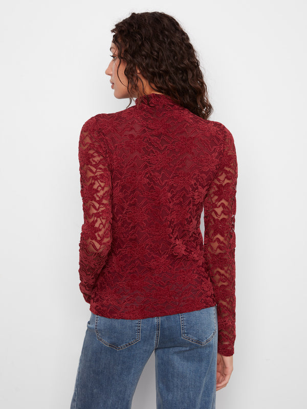 Lace Mock Neck Top - Merlot