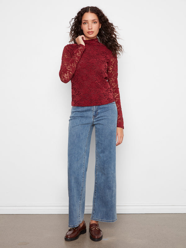 Lace Mock Neck Top - Merlot